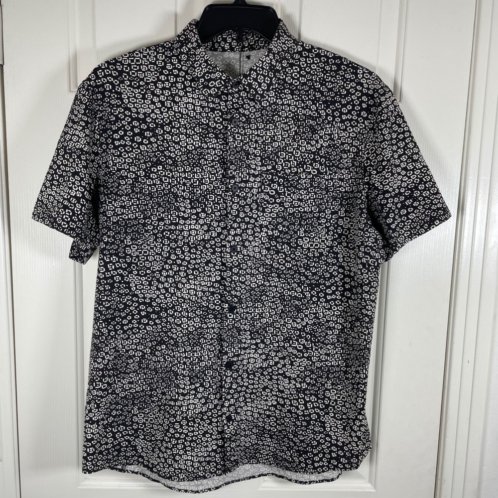 Lululemon Mens Black White Geometric Mosaic Short Sleeve Button Down Shirt XL - Picture 2 of 6